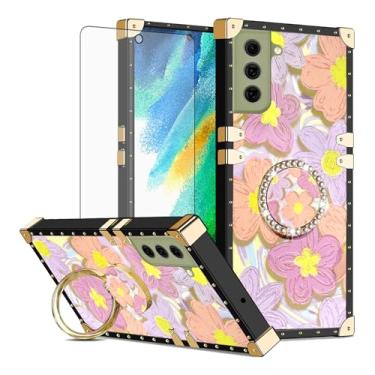 Imagem de Asuwish Capa de celular para Samsung Galaxy S21 FE 5G capa magnética com protetor de tela de vidro temperado e anel de flor de pintura suporte rígido S 21 EF S21FE5G UW S21FE 21S G5 16.3 cm feminino