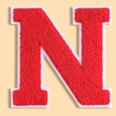 Imagem de QianSiLi Remendos de letras universitárias de chenille vermelho de 11 cm, letras grandes para jaquetas Letterman, moletons com capuz, mochilas, coletes, roupas, adesivos individuais de letra N