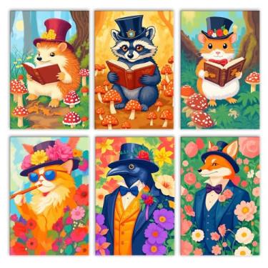 Imagem de Animais lendo livro pacote com 6 tintas por números para adultos kit de pintura por números de animais coloridos em tela para iniciantes, pintura faça você mesmo, decoração de parede para casa, sala