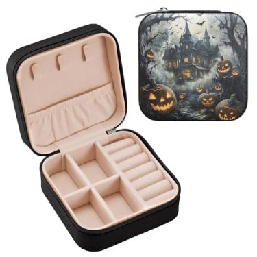 Imagem de YETTASBIN Caixa de joias de abóbora castelo de Halloween para adolescentes, meninas, mulheres, presente de aniversário, Natal, caixa de armazenamento portátil de couro PU, mini estojo de joias de