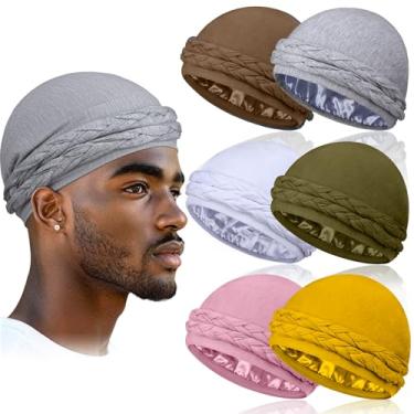 Imagem de MLTUARG Pacote com 6 turbantes masculinos revestidos de cetim, turbante Hola Durag para ondas, tranças e cuidados com o cabelo, Cinza claro + cáqui + olivina + amarelo + branco + rosa, 1 Count (Pack