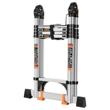 Imagem de Escada telescópica Moldura de 3 m, extensão multiuso com barra de equilíbrio, capacidade máxima de 150 kg para trabalho doméstico e externo, prata