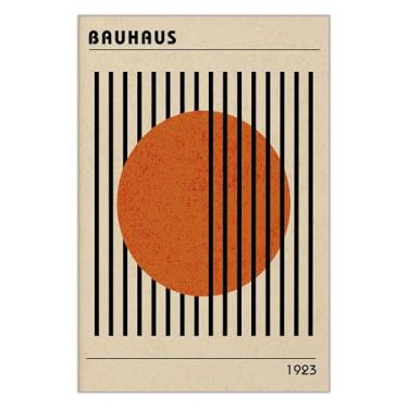 Imagem de LZMXWX Pôster de exposição vintage Bauhaus 1923 linhas pretas e círculo laranja enferrujado em tela de fundo bege impressões maximalistas para decoração de parede de quarto de casa 30 x 40 cm sem