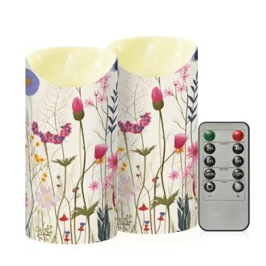 Imagem de Wassud Pacote com 2 velas coloridas sem chamas florais selvagens com controle remoto, velas realistas cintilantes com temporizador, velas decorativas para Natal, casamento, festa, decoração de casa
