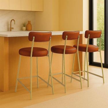 Imagem de Banqueta Cozinha Média Com Encosto Industrial Champanhe Kit 3 Londres Pu Nozes D03 - D`rossi