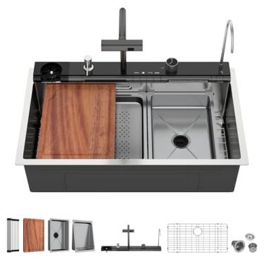 Imagem de Pia de cozinha inteligente em cascata de 83 cm - Pia de cascata de aço inoxidável Beslend 83 x 48 cm, pias modernas de calibre 16, tigela única com torneira, lavadora de copos e display digital