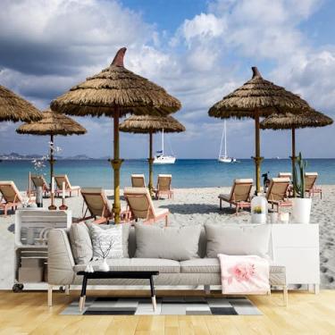 Imagem de Murais de parede de tamanho personalizado, guarda-chuvas de palha de praia rosa tecido de parede autoadesivo (sem PVC) papel de parede grande removível para sala de estar, quarto, escritório