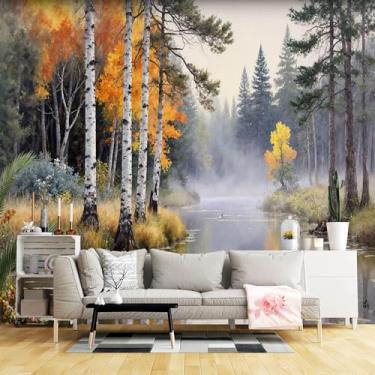 Imagem de Murais de parede de tamanho personalizado, tecido de parede autoadesivo outono floresta rio (sem PVC) papel de parede grande removível para sala de estar, quarto, escritório