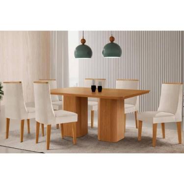 Imagem de Sala Jantar Mesa Maldivas Tampo Curvo 180cm+6 Cadeiras Dakota Madeira Naturale - Capuccino/Suede Creme - Rufato
