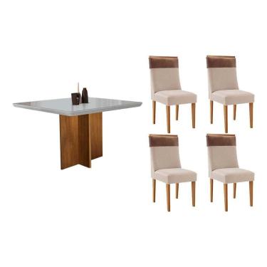 Imagem de Sala Jantar Mesa Berlim Tampo c/ Vidro Curvo 90cm+4 Cadeiras Jaspe Madeira Naturale/Off White - Capuccino/Suede Creme - Rufato