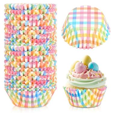 Imagem de AnyDesign 300 peças de forros de cupcake xadrez coloridos de papel pastel de primavera, formas de pastelaria, cores de doces de Páscoa, envoltórios de cupcake para muffin padrão para festas