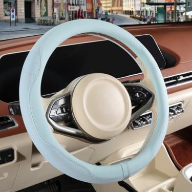 Imagem de Binsheo Capa de volante de couro Nappa, tecido respirável antiderrapante de couro de microfibra avançado, quente no inverno e fresco no verão, azul grande 39,4 cm a 40,6 cm