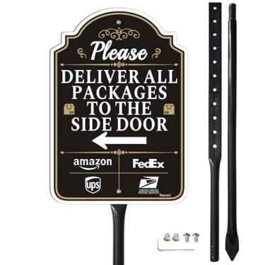 Imagem de Entregue todos os pacotes na placa da porta lateral com seta à esquerda, 30,5 cm x 20,32 cm, placa de embalagem com estaca de 88 cm para gramado, alumínio sem ferrugem, à prova de intempéries, fácil