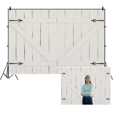Imagem de TTQYFNM Pano de fundo branco para porta de celeiro de 3 x 2,4 m, portas de madeira rústica, plano de fundo fotográfico para decoração de casa de fazenda, chá de bebê, aniversário, casamento, chá de