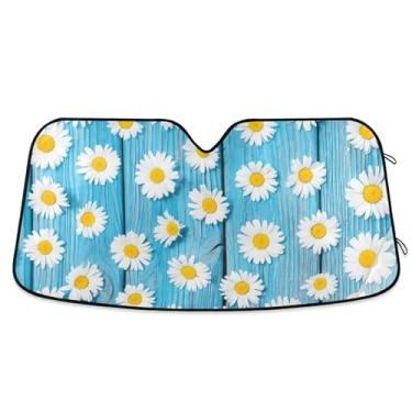 Imagem de Daisies Sombra de sol azul flores de madeira para para-brisa de carro bonito universal retrátil óculos de sol para janelas dianteiras floral automotivo M, 139.7 cm x 70.1 cm