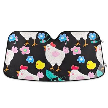 Imagem de Pára-brisa personalizado fofo de galinhas floral preto carro para-sol para-brisa engraçado dobrável automotivo para-brisa guarda-sol animal floral S, 134,6 cm x 59,7 cm