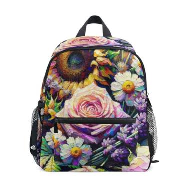 Imagem de GAIGEO Lavenders Sunflowers Roses Small Backpack for Kids with Whistle, 2 Bottle Pockets, Lightweight, Kids Travel Backpacks 10x4x12 In, for Ages 3-8