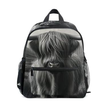 Imagem de GAIGEO Highland Cow Monochrome Funny Little Kids Backpack Girl Toddler Backpack with Front Pocket, Safety Whistle for Ages 3-8