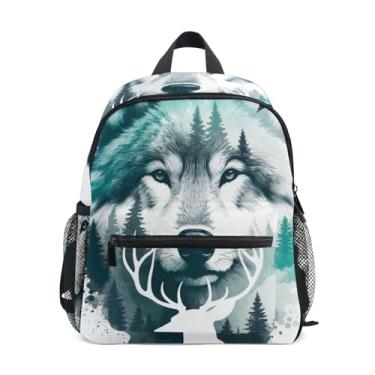 Imagem de GAIGEO Wolf Deer Watercolor Teal Small Kids Backpack with Whistle, 2 Bottle Pockets, Lightweight, Kids Travel Backpacks 10x4x12 In, for Ages 3-8