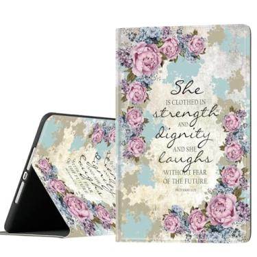 Imagem de Com suporte para lápis, compatível com Apple iPad 10ª geração, capa protetora para tablet de 10,9 polegadas, capa protetora antiderrapante ajustável, versículos bíblicos Provérbios 31:25, flor rosa