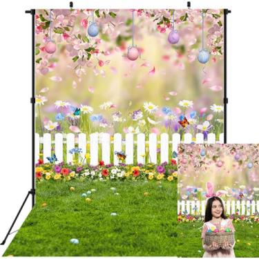 Imagem de 1,5 x 2,12 m Primavera Páscoa Pano de Fundo de Fotografia Borboleta Flor Rosa Fundo de Páscoa Verde Cerca de Gramado Colorido Ovos Decoração Banner para Crianças Chá de Bebê Aniversário Festa