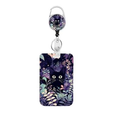 Imagem de Porta-crachá de identificação de gato preto com clipe de folhas de palmeira tropicais carretel retrátil resistente, chaveiro, cartão de identificação para mulheres, enfermeiros, professores