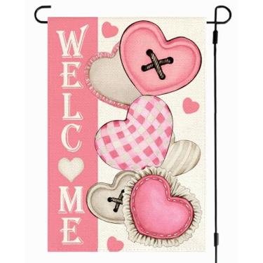 Imagem de RABUSOFA Bandeira de jardim de dia dos namorados 30,5 x 45,7 cm dupla face externa, corações de amor rústico aniversário quintal bandeira exterior (05) (rosa, tamanho do jardim: 30,5 x 45,7 cm)