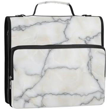 Imagem de 3 fichários de 3 anéis de 3,8 cm, organizador de fichário de mármore branco e cinza, bolsa de fichário de ensino médio com alça, estojo de armazenamento de viagem com alça, 34,5 x 31,5 x 9 cm