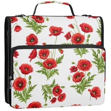 Imagem de Engraçado organizador de fichário com zíper 3 fichários anel D flores papoula folhas verdes branco vários bolsos pasta grande pasta escolar bolsa de fichário com alça de ombro, 34,5 x 31,5 x 9 cm