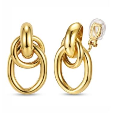 Imagem de ORAZIO Brincos femininos com clipe geométrico, exclusivos, não perfurados, banhado a ouro 14 quilates, nó grosso, brincos de argola com pingente de argola para mulheres, modernos, Cobre, Sem pedra