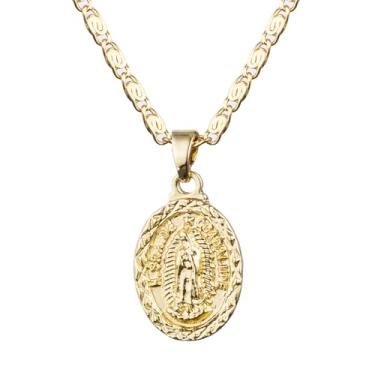Imagem de yipima Colar de Virgem Maria com corte de diamante banhado a ouro 14K Nossa Senhora de Guadalupe Medalhas ovais Colar com corrente de rolagem presentes católicos, middle, Cobre, Sem Pedra Preciosa