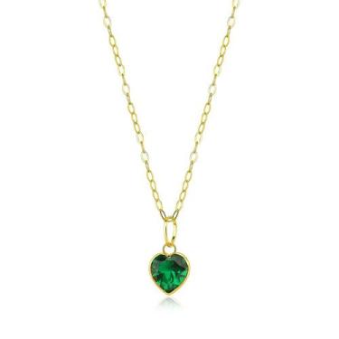 Imagem de Colar De Ouro 18k Cordão 45cm Feminino C/ Coração Zircônia Cor:Verde -