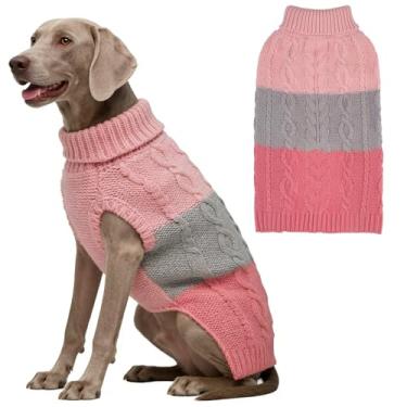 Imagem de EXPAWLORER Suéter para cachorro com orifício de trela - suéteres de outono para cães meninas meninos, roupas clássicas de tricô de gola alta para clima frio, roupa de cachorro de malha de cabo, casaco, roupas para animais de estimação (rosa e cinza, G/GG)