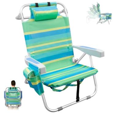 Imagem de Cadeira de praia baixa para adultos, mochila reclinável portátil de alumínio dobrável com suporte para copos, bolso grande para uso ao ar livre/gramado/piquenique/pesca