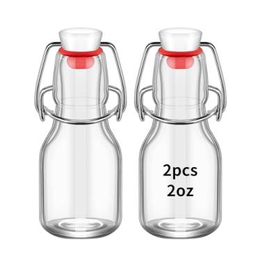 Imagem de eispap 2 garrafas de vidro pequenas com tampa giratória de 60 ml com tampas herméticas para fabricação caseira, bebidas, óleo, vinagre, água, refrigerante, licor caseiro, baunilha (tampa vermelha)