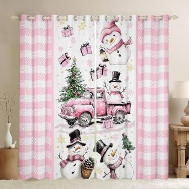 Imagem de Erosebridal Cortinas blecaute de Natal rosa branco 132 cm L x 213 C bonito boneco de neve caminhão cortinas e cortinas para crianças, meninas, Natal, buffalo, xadrez, floco de neve, cortinas de Natal,