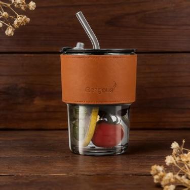 Imagem de Copo de água de 368 g, copo de café gelado com tampa e canudo, caneca de vidro de parede grossa para água de chá, ótimo presente para pais e amigos (cinza)