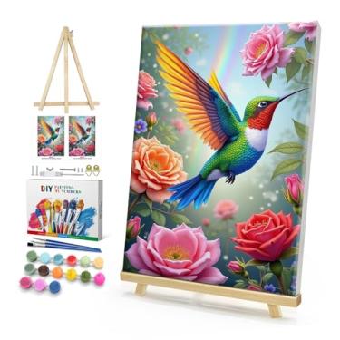 Imagem de HeeBenor Kit de pintura emoldurada por números para adultos, pintura de beija-flor por número com cavalete, pintura a óleo de pássaro de flor DIY por número, kits de pintura para adultos por números