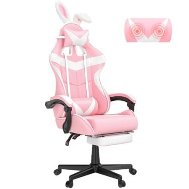 Imagem de Soontrans Cadeira de jogos rosa com apoio para os pés, adorável coelhinho, cadeira de mesa gamer para neta, irmã, namorada, esposa e amor (rosa)