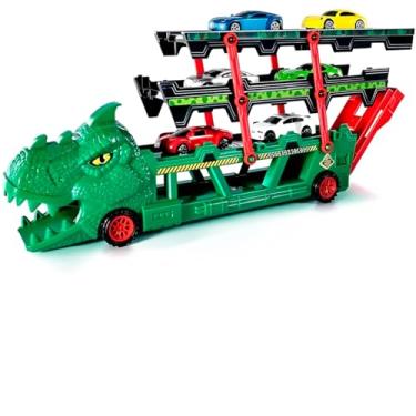 Imagem de Caminhão Cegonha Dinossauro T-Rex Verde com 6 Carrinhos, Transportador de Veículos, Plástico, 33cm, Idade +3 Anos