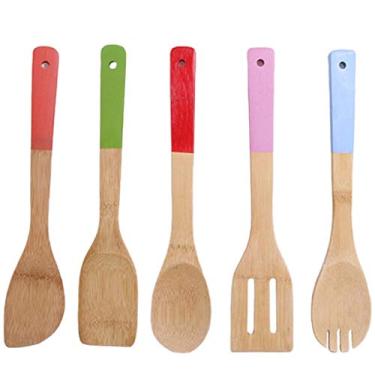 Imagem de Lss9azznmm Utensílios de cozinha de longa duração, espátulas de colher de bambu com 5 conjuntos de utensílios de cozinha de bambu