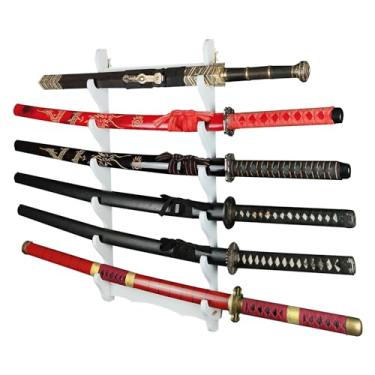Imagem de pcagfaajmh Suporte de parede de 1 a 6 níveis, suporte de espada samurai, suporte de arma de arte marcial, suporte de espada multicamadas de madeira, cabide de parede Katana (branco 5) (branco 6)