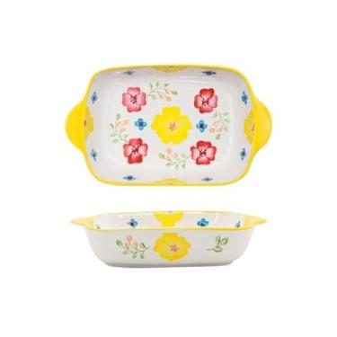 Imagem de Caçarola Queijo Assado Arroz Assado Assadeira Cerâmica Retangular Flores Pintadas à Mão Casa Forno Micro-ondas Tigela de Assar Especial para Cozinhar (Amarelo)