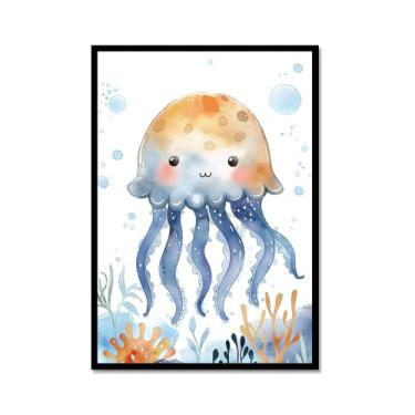 Imagem de Impressão de berçário de animais oceânicos desenho animado tartaruga marinha baleia pôster aquarela animais marinhos pintura em tela decoração de parede quarto infantil (SKU4,16x60 cm), moldura de
