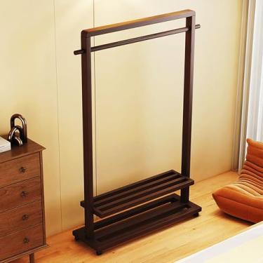 Imagem de Suporte de bambu para roupas resistentes para pendurar roupas, armário independente com prateleiras e rodas, cabideiro para pendurar roupas, saias, sapatos, bolsas, marrom, 85 cm