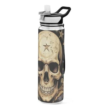 Imagem de Burbuja Garrafa de água Skull Moon de 940 ml com tampa de palha, à prova de vazamento e livre de BPA para academia, esportes ao ar livre