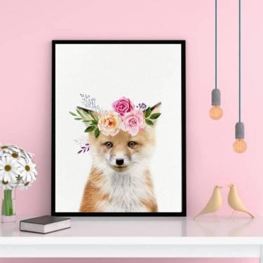 Imagem de Quadro Raposinha Coroa De Flores Moldura Preta 24X18Cm