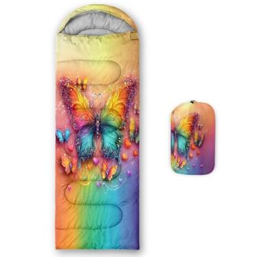 Imagem de QOOMO Sacos de dormir para acampamento com estampa de borboleta arco-íris, clima quente e frio, leve, sacos de dormir à prova d'água para adultos e crianças, viagens e ao ar livre, equipamentos de