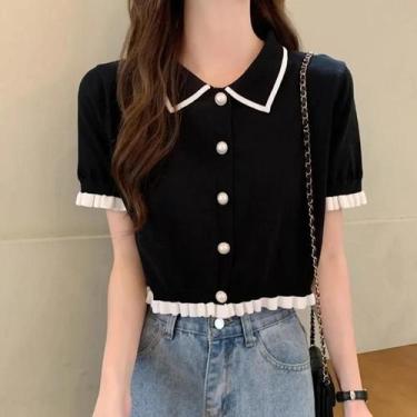 Imagem de Camisa Feminina Coreana De Malha Com Manga Curta, Blusa Chique De Verã