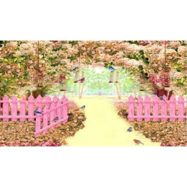 Imagem de Painel De Lona Floresta Florida Cerca Rosa - Fabrika de Festa, 400x200